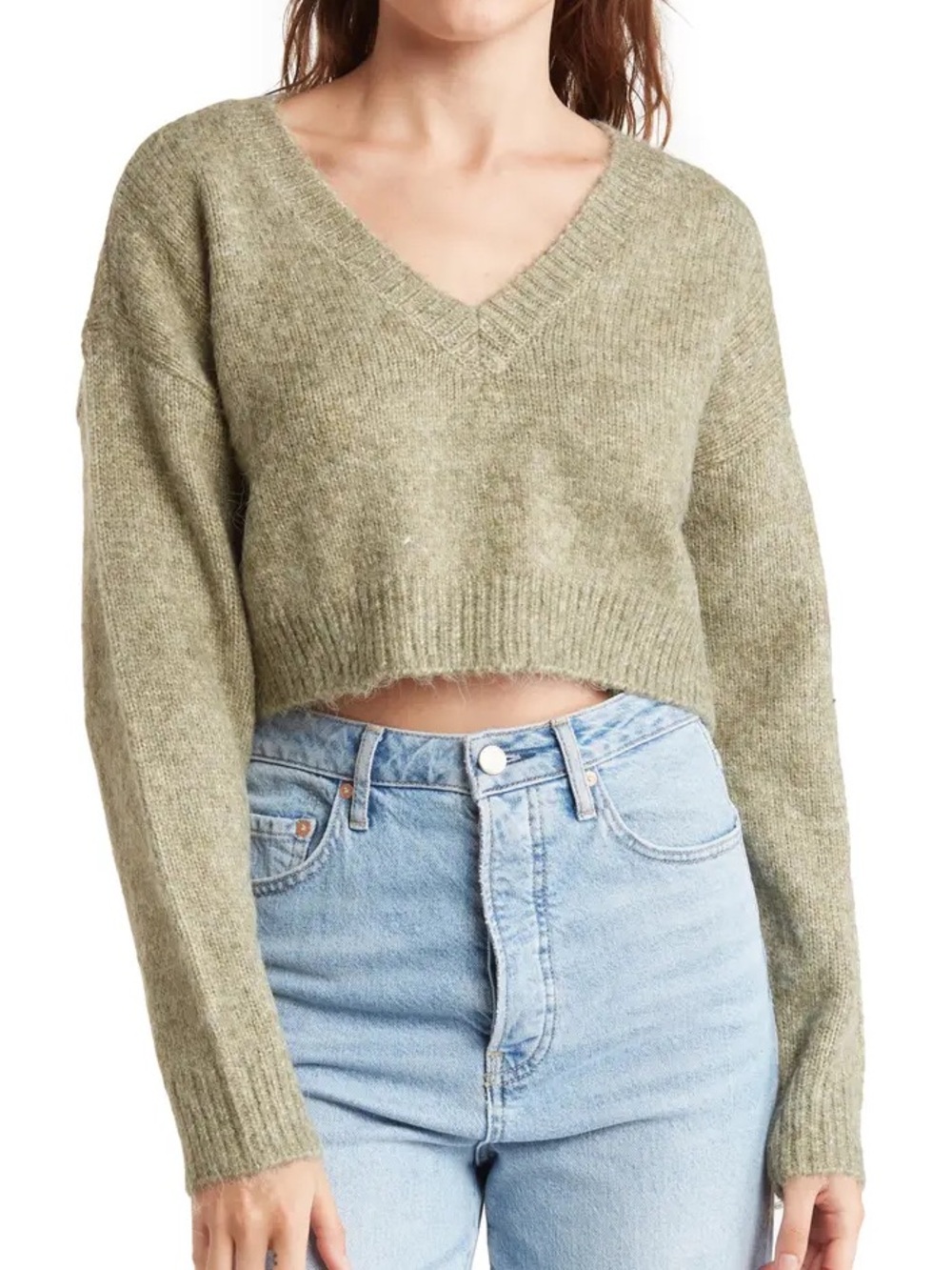Elodie Boxy V-neck Cropped Knit Sweater - Heather Sage